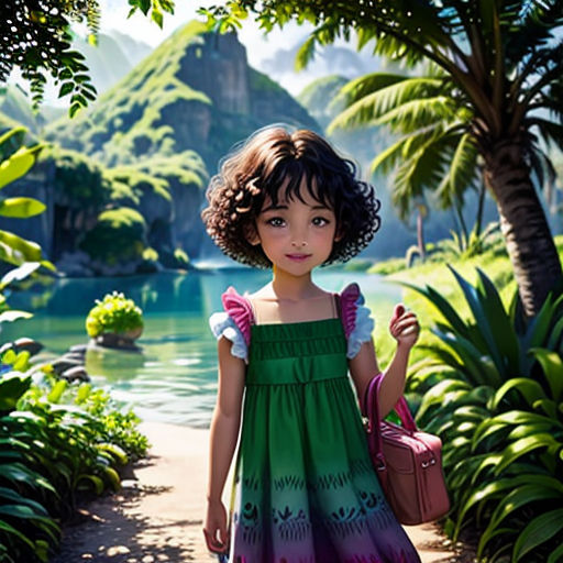 a little girl in a dress is walking through a jungle with a pink purse and a pink purse in her hand