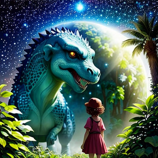 a girl and a dragon in the jungle with a planet in the background and stars in the sky above