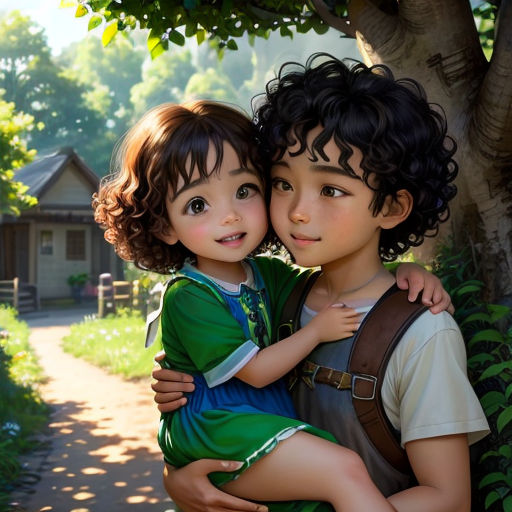 a boy and girl hugging each other in front of a tree and a house in the background with a path