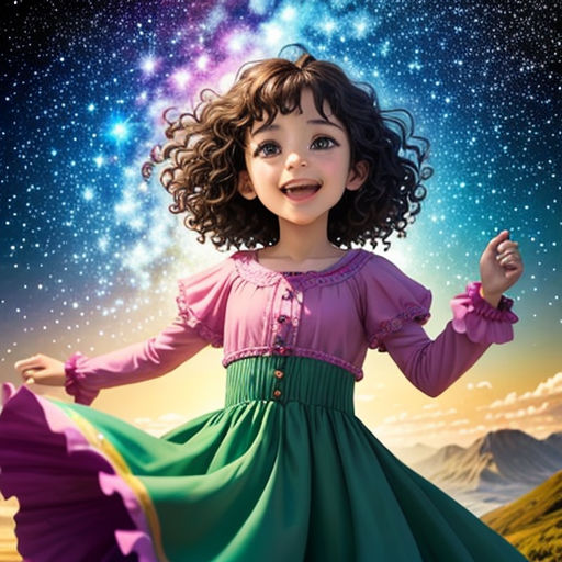 a little girl in a dress is smiling and dancing in the sky with stars above her and a mountain in the background