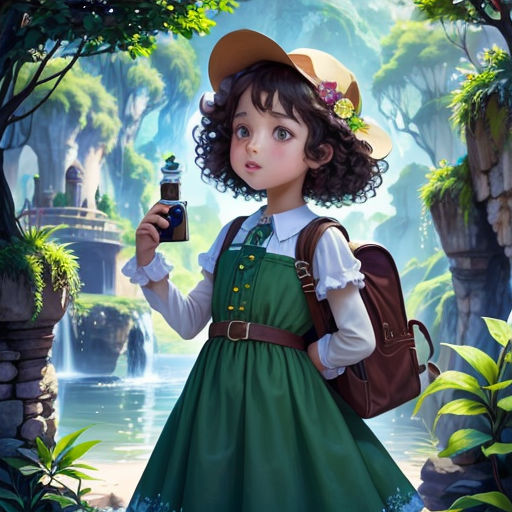 a painting of a girl holding a bottle of water in a forest with a waterfall in the background and a waterfall in the background
