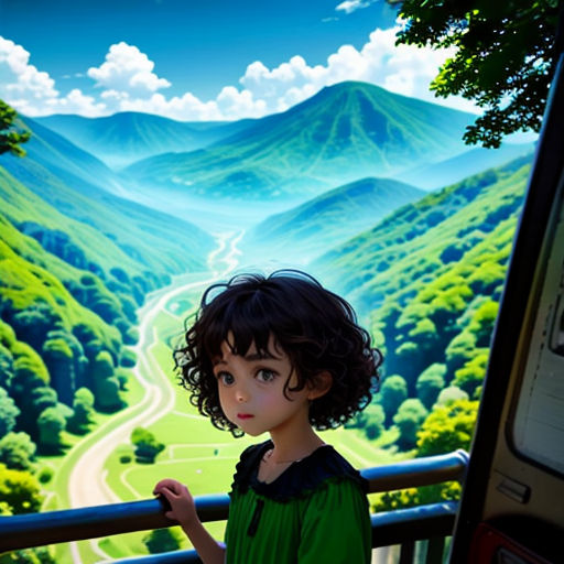 a little girl standing on a balcony looking out at a scenic valley and mountains behind her, with a painting of a road in the background