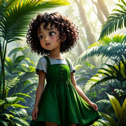 a little girl in a green dress standing in a forest with lots of plants and trees around her, looking at the camera