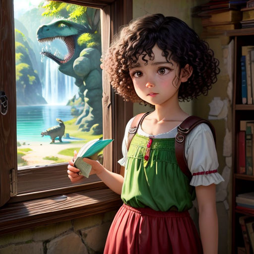 a girl is looking out a window at a dinosaur and a girl is holding a book in her hand