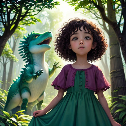 a little girl standing in front of a dinosaur in a forest with trees and bushes behind her, wearing a green dress