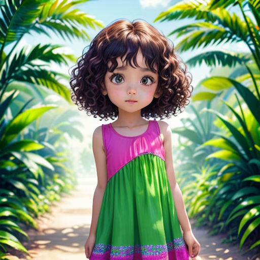 a little girl in a green and pink dress standing in a forest with palm trees and a path leading to the camera