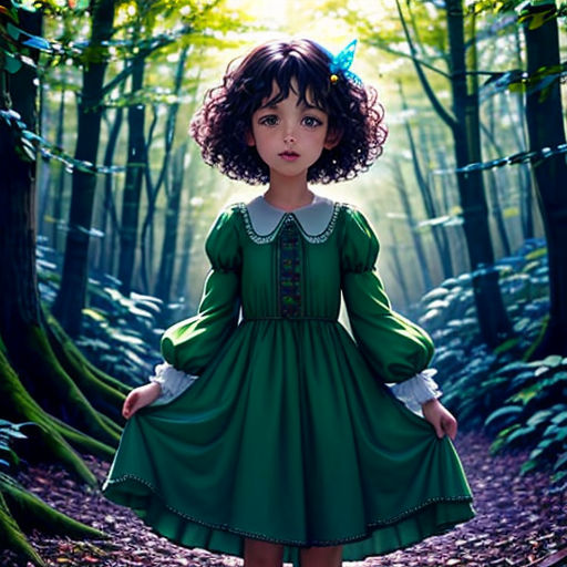 a young girl in a green dress standing in a forest with a forest background and a sunbeam in the sky