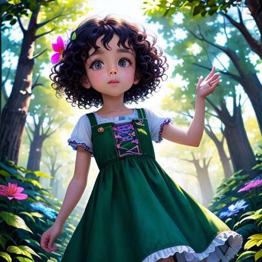 a painting of a little girl in a forest with flowers in her hair and a butterfly in her hair