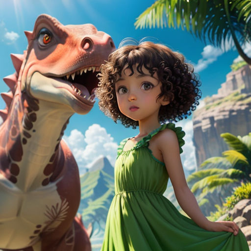 a girl in a green dress standing next to a dinosaur in a jungle setting with palm trees and a blue sky