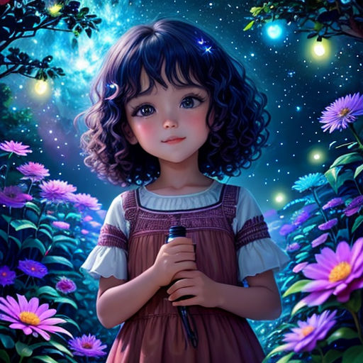 a painting of a little girl holding a microphone in a field of flowers with a sky background and stars