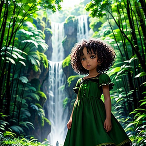 a little girl standing in front of a waterfall in a forest with a green dress on and a green background
