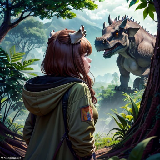 a girl looking at a dinosaur through a hole in the forest with another dinosaur in the background, with a dinosaur in the foreground