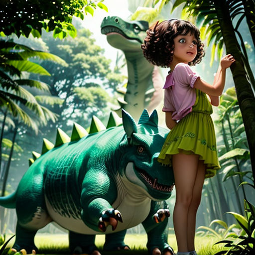 a girl standing next to a dinosaur in a forest with trees and plants behind her, with a dinosaur in the background