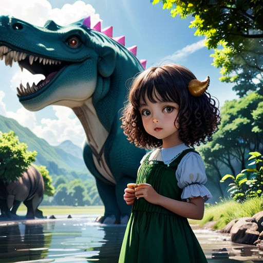a girl standing in front of a dinosaur in a forest with a lake and trees in the background, with a dinosaur in the background