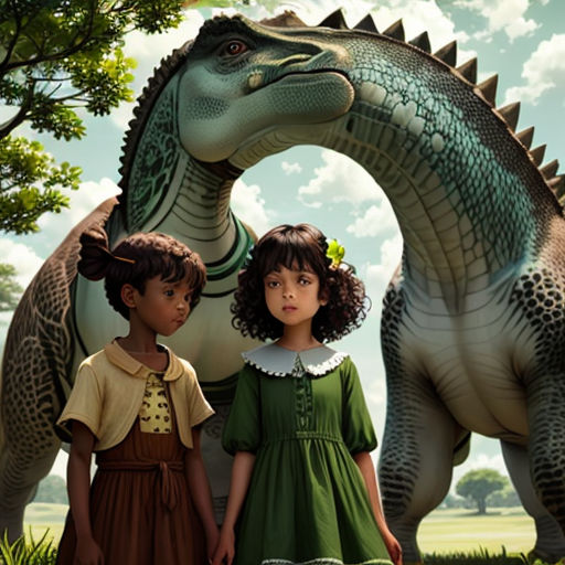 two children standing next to a dinosaur in a field of grass and trees, with a sky background and clouds