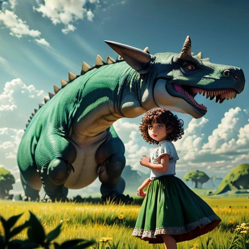 a girl standing next to a dinosaur in a field of grass with a large dinosaur in the background,