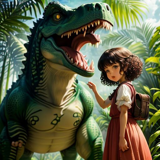 a girl standing next to a dinosaur in a jungle with a large dinosaur behind her and a man in a suit