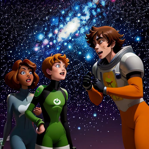 a group of people standing in front of a galaxy background with stars in the sky and a man in a space suit