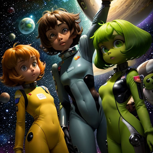 a group of women in space with planets in the background and a man in the foreground with a rocket on his shoulder