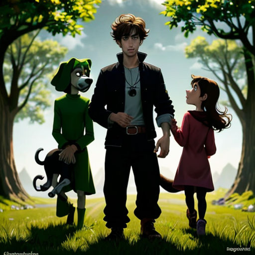 a man and two children standing in a forest with a dog and cat on their shoulders, and a dog on their shoulder