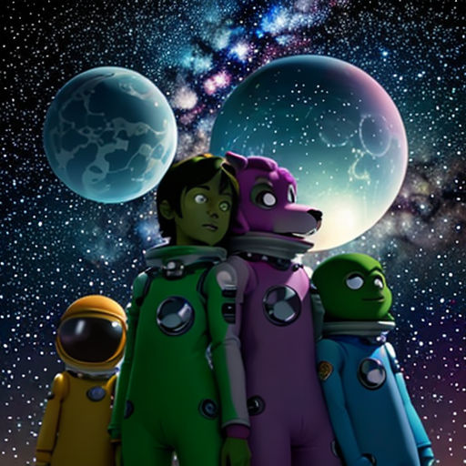 three people in space suits standing next to each other with a planet in the background and stars in the sky