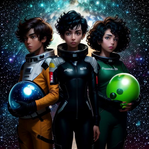 three people in space with helmets and a green ball in their hands, standing in front of a galaxy background