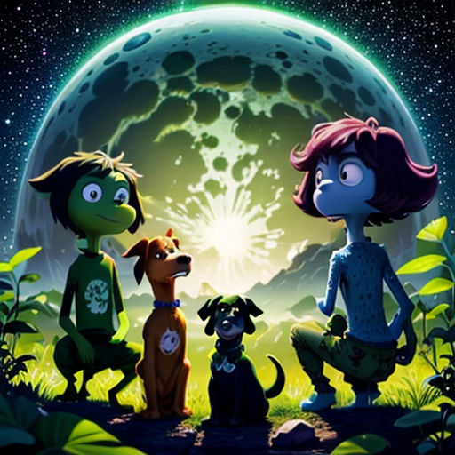 a group of people sitting on top of a field next to a dog and a moon in the sky