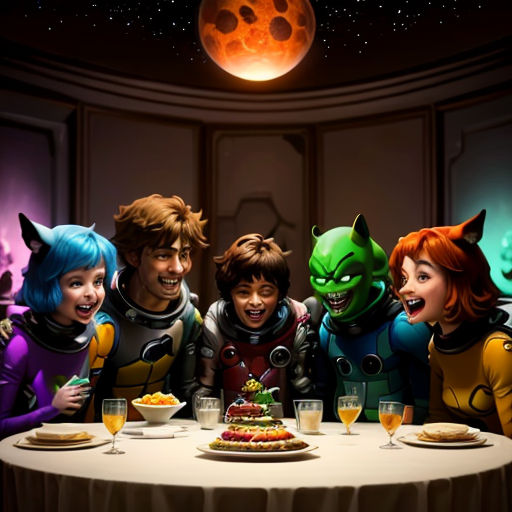 a group of people sitting around a table with a cake on it and a space background with a red moon