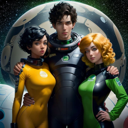 a group of people standing next to each other in front of a planet with stars in the background and a man in a space suit