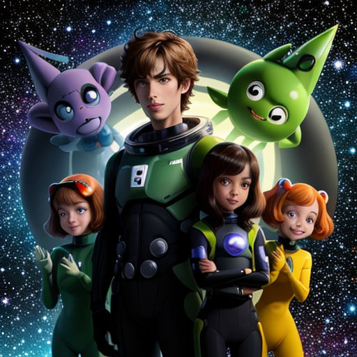 a group of people standing in front of a space background with a cat and alien character on it's chest