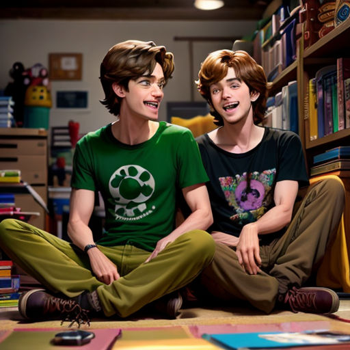 two young men sitting on the floor in front of a book shelf with books on it and a cell phone in his hand