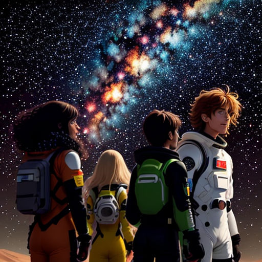 a group of people standing in front of a galaxy filled with stars and a star filled sky with a large group of people standing in front of them