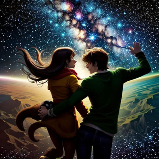 a man and woman are looking at the stars in the sky with a telescope in hand and a dog in the foreground