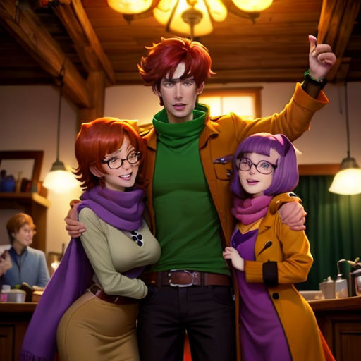 a man and two women standing next to each other in a kitchen with a man pointing at the camera