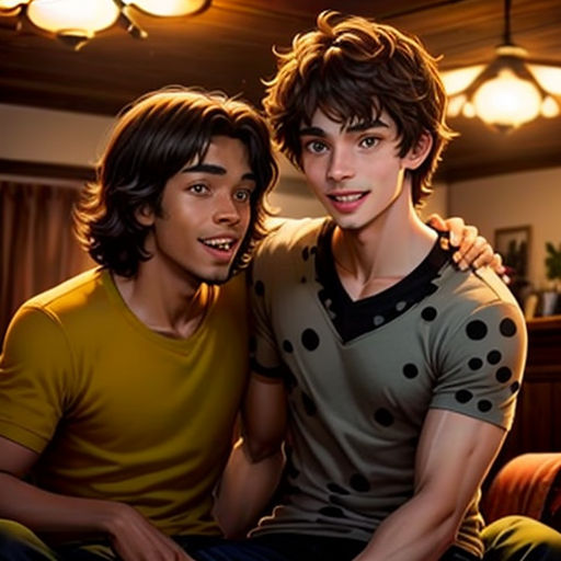 two young men sitting next to each other in a living room with lights on the ceiling and a couch
