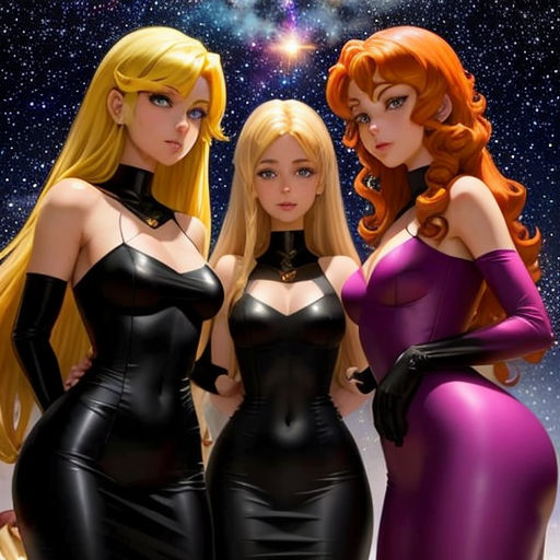 three women in black and purple dresses standing next to each other in front of a star filled sky with stars