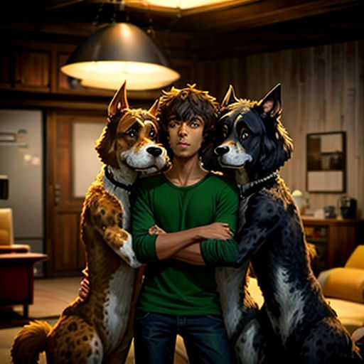 a man standing next to two dogs in a living room with a lamp on the ceiling and a dog on the floor