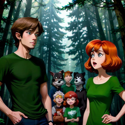 a man and woman standing in front of a forest with dogs on it's back ground and a forest with trees and a forest with animals on the background