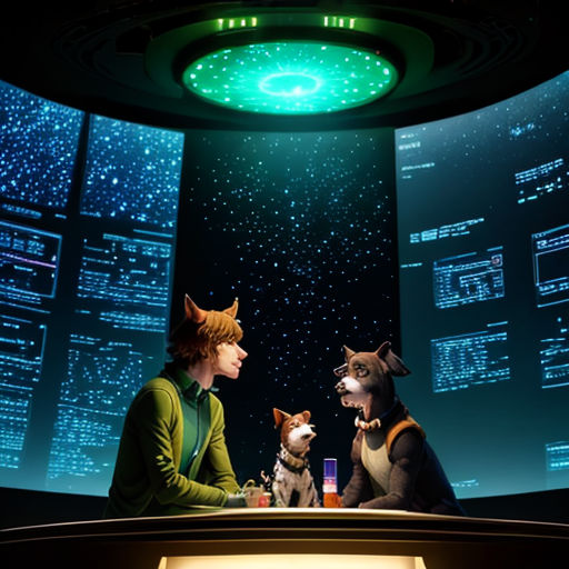 a couple of dogs sitting next to each other on a table in front of a tv screen with a sky background