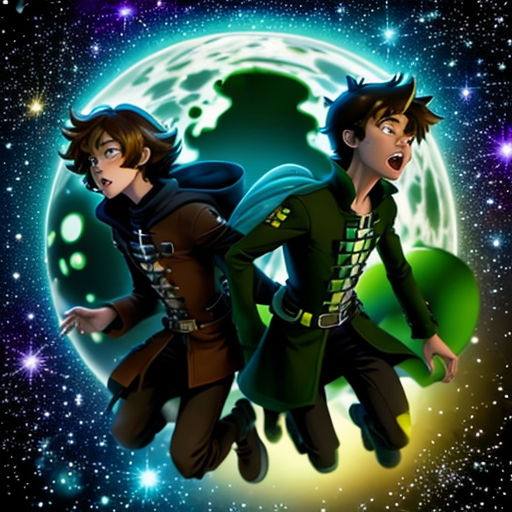 two people in a space with a moon in the background and stars in the sky behind them, one of them is wearing a green and the other is a black