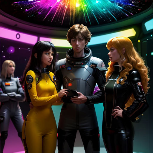 a group of people standing next to each other in a room with fireworks in the background and a man in a space suit