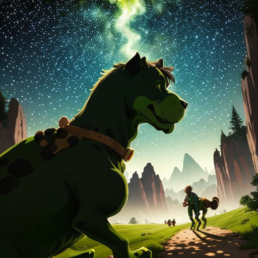 a cartoon of a dog and a man walking down a path in the woods with a sky full of stars