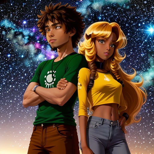 a couple of people standing next to each other in front of a sky full of stars and a star field