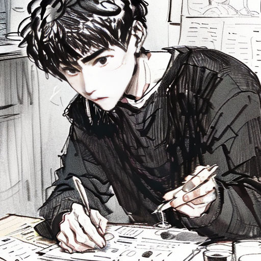 a man sitting at a table writing on a piece of paper with a pen and paper clippings