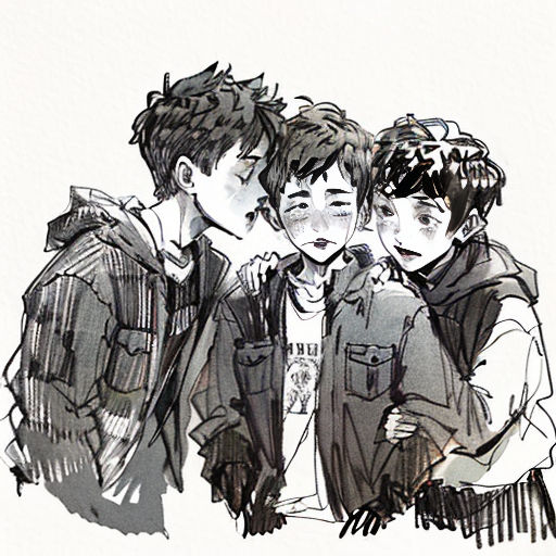 a drawing of three boys standing next to each other with their arms around each other, one boy's head is on the other side of the boys's shoulders