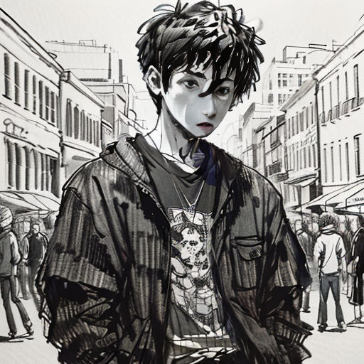 a drawing of a man standing in the middle of a street with a crowd of people behind him and a building in the background
