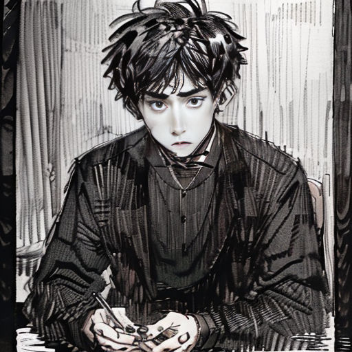 a drawing of a man sitting at a table with a pen in his hand and a pen in his hand