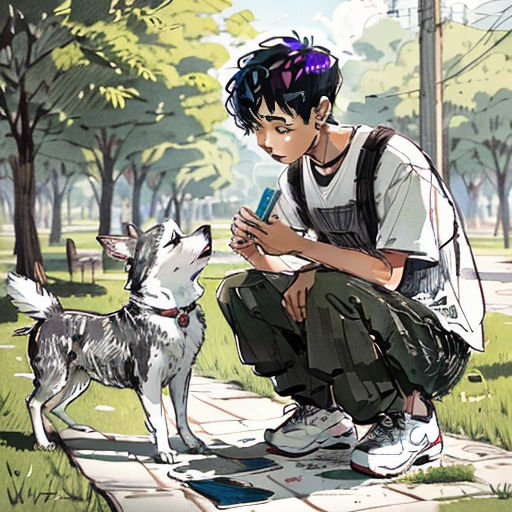 a boy kneeling down next to a dog on a sidewalk with a marker in his hand and a marker in his mouth