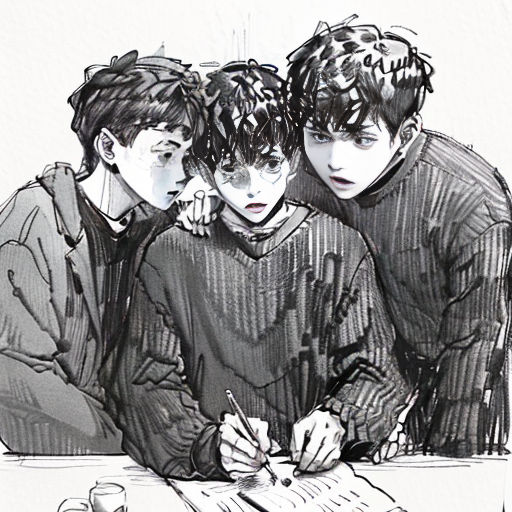 a drawing of three boys writing on a table with a cup of coffee and a pen and paper in front of them