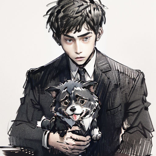 a man in a suit holding a dog in his lapel and a tie on his lapel collar